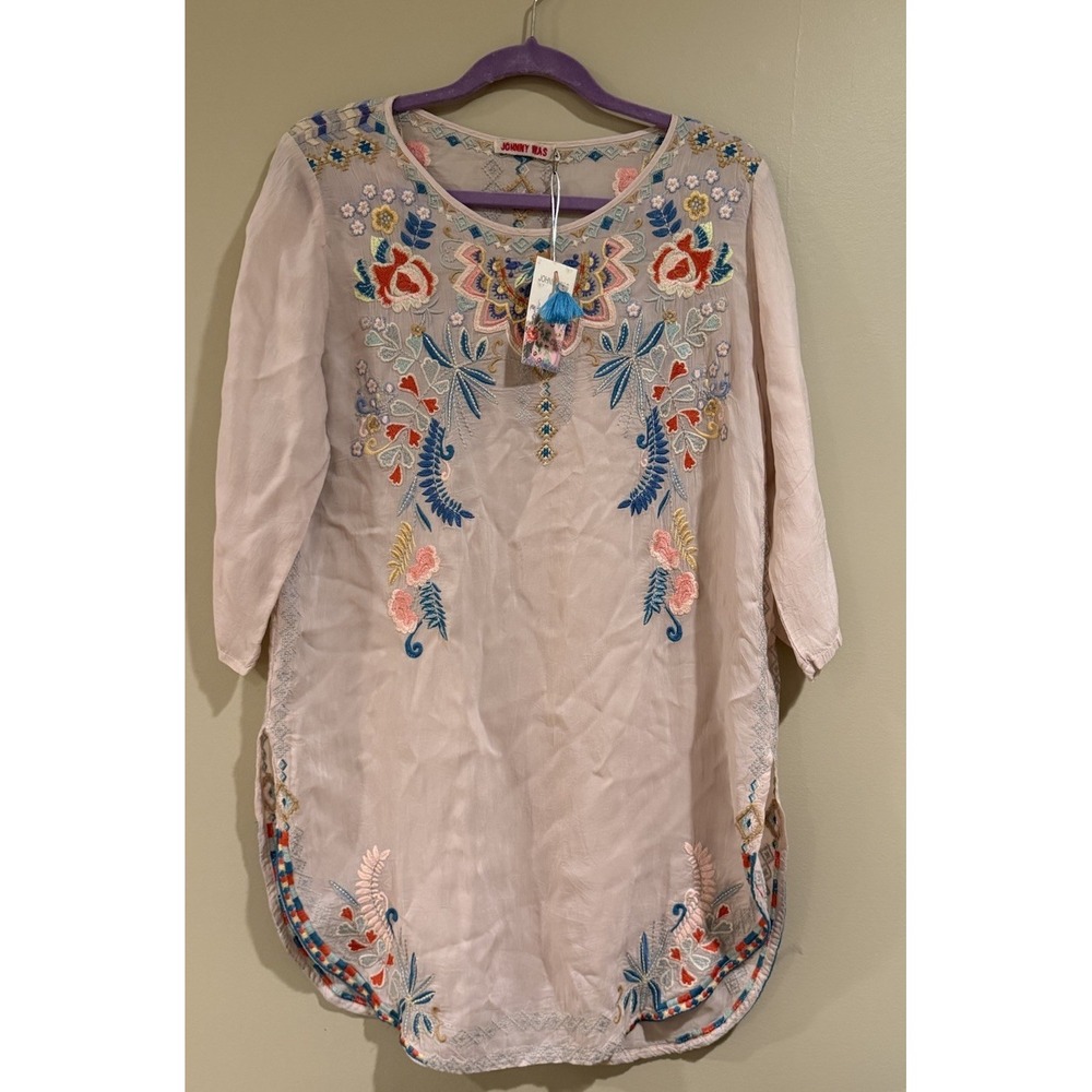 Johnny Was Sindri Floral Embroidered Cupra Rayon Tunic Womens Pink Size Med